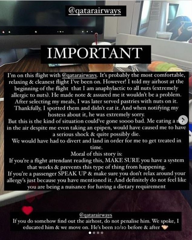 It started out well: In the first story he posted to his page, he wrote: 'IMPORTANT.  I'm on this flight with @qatarairways.  It is probably the most comfortable, relaxing and clean flight I have ever been on.