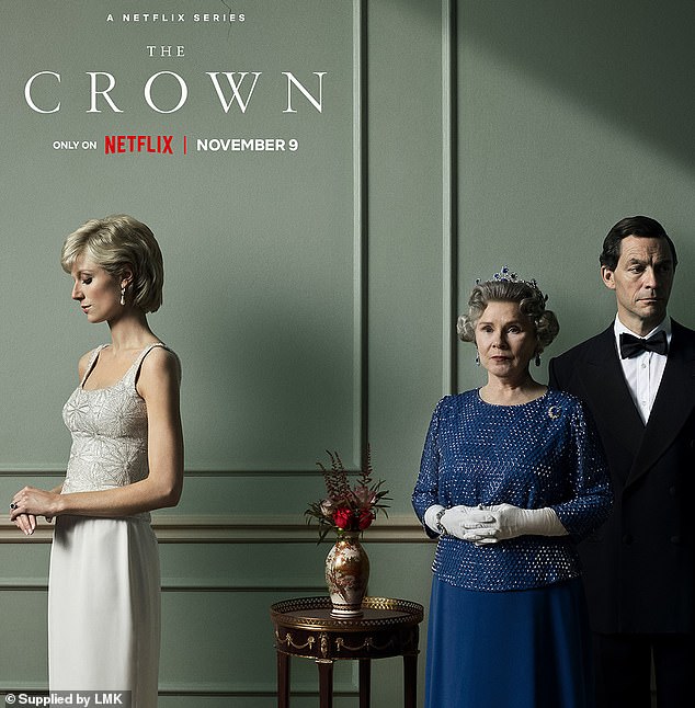 Big show: The 66-year-old British actress, who plays the late monarch on the hit Netflix series, is currently working on the latest season of the drama (pictured with Elizabeth Debicki as Princess Diana and Dominic West as Prince Charles)