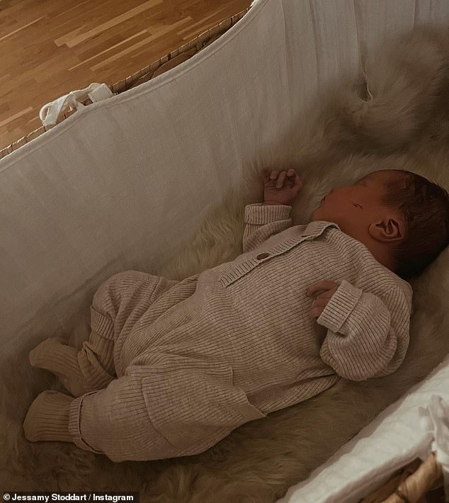 Adorable: The actress, 29, took to Instagram on Saturday to share the heartwarming news, uploading a photo of her little one sleeping in his crib