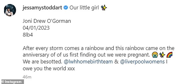 Lovely: Introducing her little girl to the world, Jessamy wrote on her Instagram post: 'Our little girl Joni Drew O'Gorman 04/01/2023 8lb4'