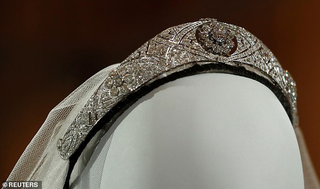 The diamond and platinum bandeau tiara worn by Meghan, Duchess of Sussex, at her wedding was displayed at Windsor Castle