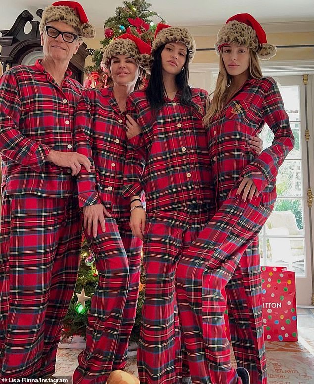 Christmas 2022 family portrait: The Sonora Boots brand ambassador is best known as one of two daughters privileged by nepotism, including Delilah Belle (right), 24, of The Real Housewives of Beverly Hills star, Lisa Rinna (2-L) and LA Law alumnus Harry Hamlin (L), who has been married for 25 years.