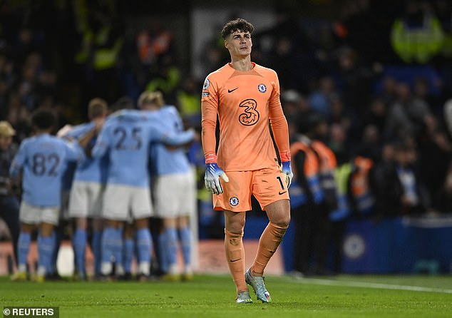 Kepa Arrizabalaga (right) missed Jack Grealish's cross to set up the goal