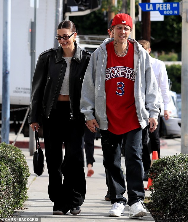 Keeping it casual: Hailey and Justin opted for casual ensembles, and they both donned baggy pants for the fun outing