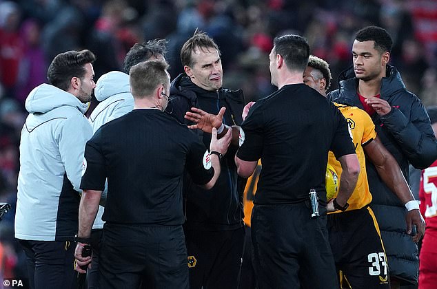 Wolves manager Julen Lopetegui was outraged after the final whistle confronting the referees