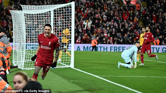 Darwin Núñez (left) soon equalized for the Reds before Mohamed Salah scored his second