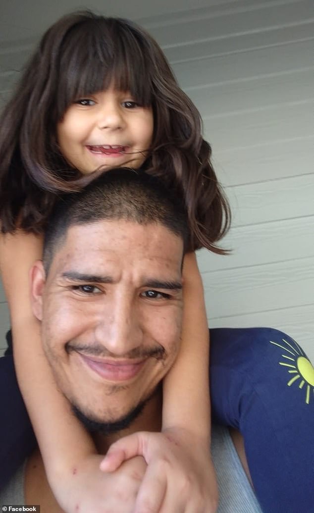 Sadie, pictured with her father Mikey Davila, was playing outside a relative's house when the pit bull attacked her.  Police found that Lopez did not restrain the dog in any way.