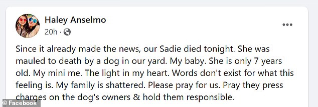 Anselmo confirmed Sadie's death after the girl was taken to hospital