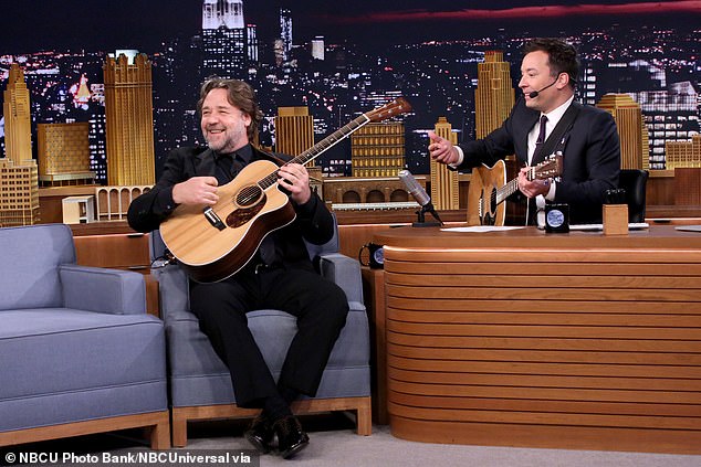 The latest iteration of his band emerged in 2017 when Russell and Doyle created a new act called Indoor Garden Party.  Russell Crowe pictured on The Tonight Show with Jimmy Fallon in 2015