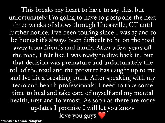 Cancelled: On July 27, Shawn informed his fans that he had decided to cancel the tour entirely, citing ongoing issues with his mental and physical health.