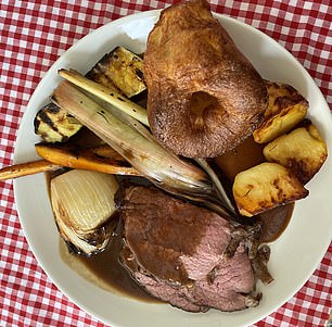 Roast beef top with vegetables served at Clarkson's Diddly Squat restaurant