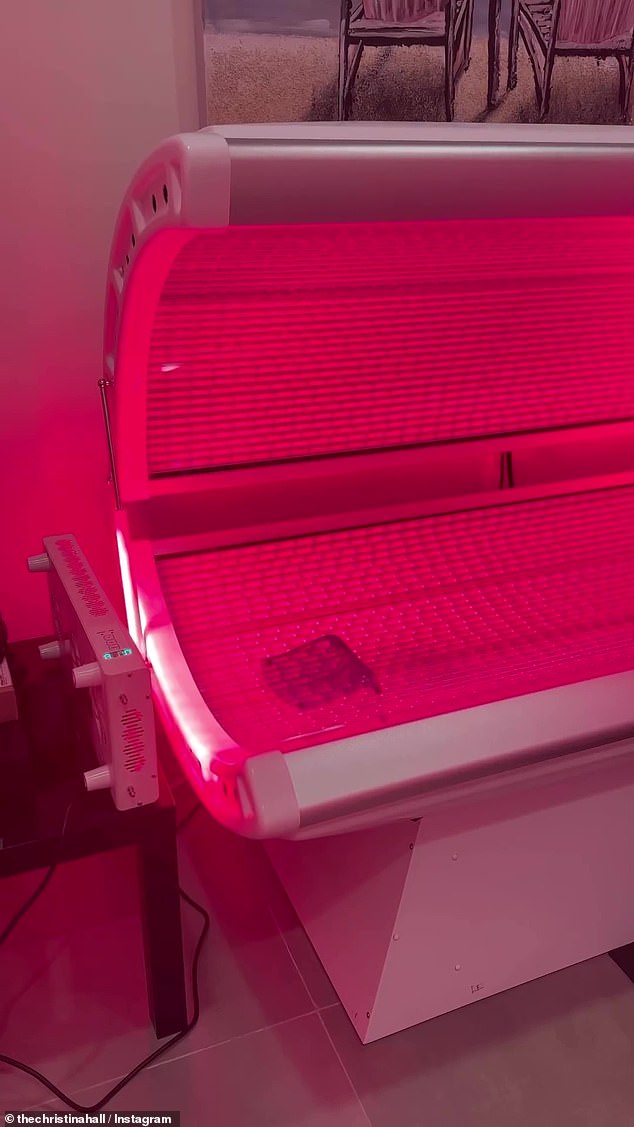 RLT: After breaking a sweat, Christina headed to her at-home red light therapy bed, which can cost upwards of $6,000 for a top-of-the-line machine.