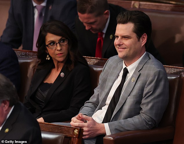 Boebert and Gaetz (pictured together Friday night) were among the key figures opposing Kevin McCarthy's bid to become House speaker.