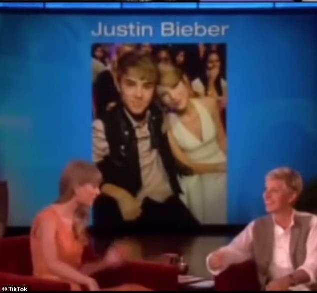 A Game: During the segment, Ellen explains that the couple is going to play a game.  For the game, she would show Swift a slideshow of the men she was supposed to have dated and Swift would ring a bell for each man she actually dated.