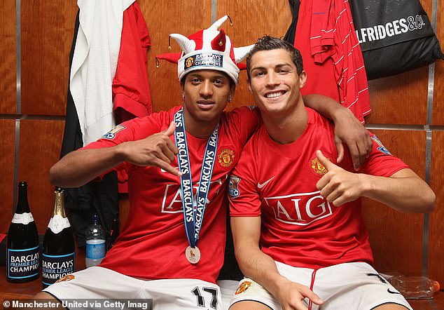 During his 147-game career at Manchester United, Nani won four EPL titles (pictured celebrating in 2009 with Christiano Ronaldo) and one Champions League, among many other honours.