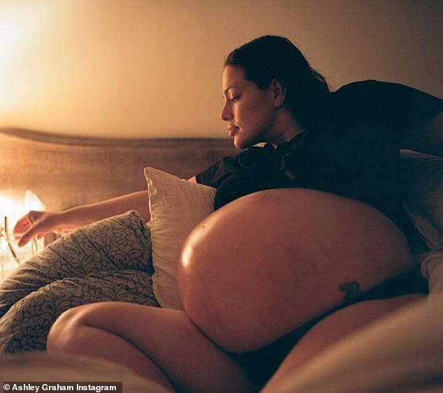 Bulge flashbacks: The plus-size beauty also treated her 19.6 million Instagram followers to a collection of bulge images on Friday.  Flashbacks to the semi-nude pregnancy were taken in the days and hours before Ashley gave birth.