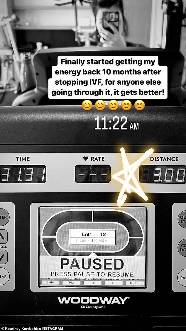 The road back: Last month, Kourtney shared a black-and-white selfie from her home gym, declaring that she was beginning to physically return to her pre-IVF vigor levels.