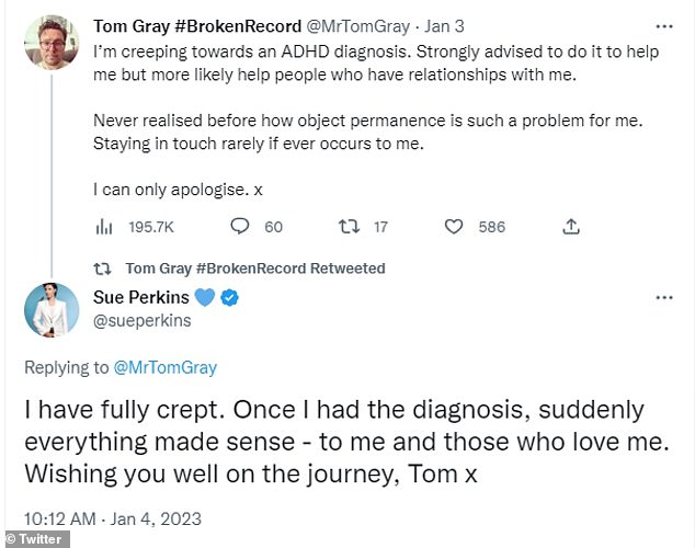 News: The former Great British Bake Off presenter, 53, made the revelations in response to a Twitter post by Gomez guitarist Tom Gray who admitted he was 'dragging' towards his own diagnosis of the disorder.