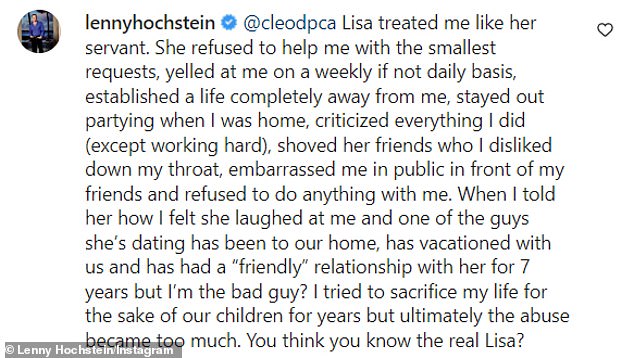 Airing out his dirty laundry: The animosity between Lisa and Lenny seems to have no end in sight, as the plastic surgeon took his grievances to Instagram this week.