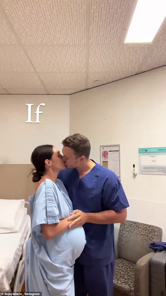 Kayla underwent a planned cesarean delivery.  She was photographed dressed in a blue hospital gown, kissing Jae before undergoing the procedure.