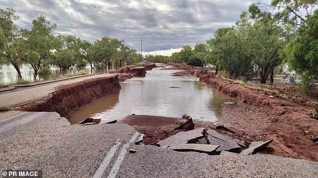 Far North Queensland is next in the line of fire after torrential rains wreaked havoc in northern Western Australia.  Pictured is damage on Great Northern Hwy at Fitzroy Crossing