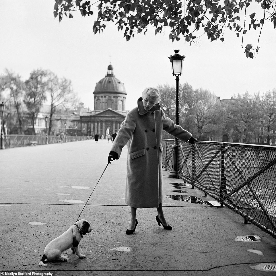 Model with Dog by Marilyn Stafford: A Ready-to-Wear Model with a Dog, Passerelle des Arts, Paris, circa 1955