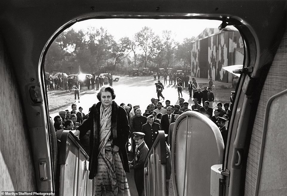 Marilyn Stafford captures Indira Gandhi boarding a plane in Delhi in 1971