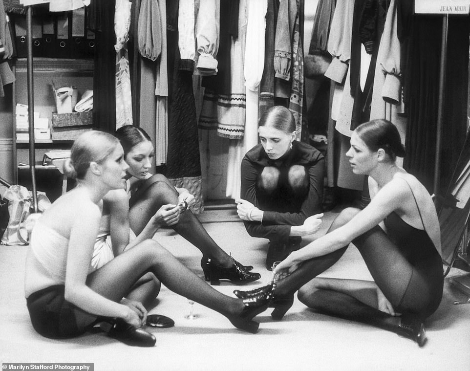 Joanna Lumley, left, with models backstage at a Jean Muir fashion show