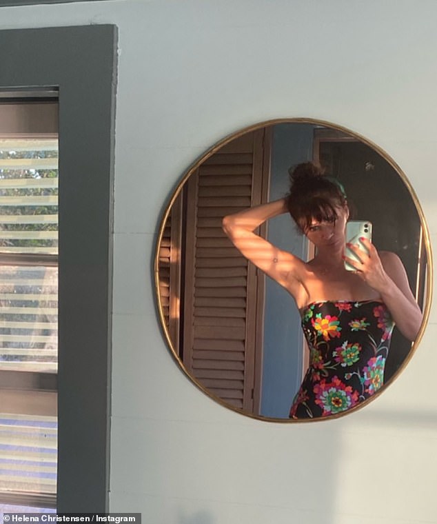 Lol: Helena Christensen shared a photo of a 'sexual enhancer' that promised 'bigger, stronger, and headache-free' on her Instagram Stories on Monday.