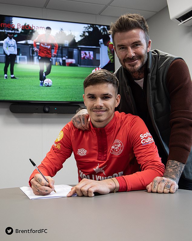 Porud moment: During the signing, Romeo smiled for a moment with his father, the football legend, to mark the moment, and Sky Sports shared the image on Instagram