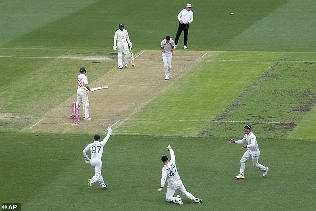 Simon Harmer (below) appeared to have thrown out Marnus Labuschagne on day two, only for the third umpire to not give the batsman out.