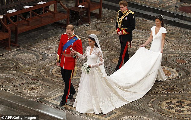 Prince William and his wife Kate on their wedding day on April 29, 2011, followed by Prince Harry and Kate's bridesmaid and sister Pippa Middleton.  In the sensational Revealing Spare of him, Harry claimed that he was forced to accept his brother's 'blatant lie' that he was his godfather.