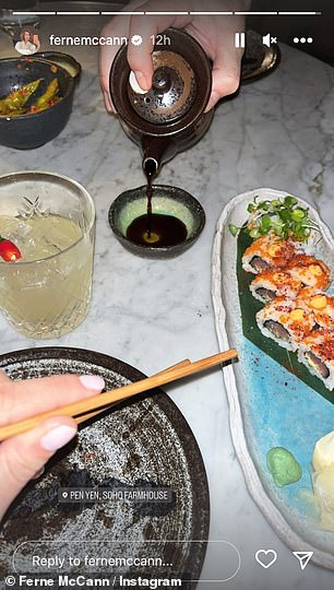 Yummy: They enjoyed a seafood cookout for dinner when Ferne posted a photo of her chopsticks about to eat sushi while Lori poured on some soy sauce.