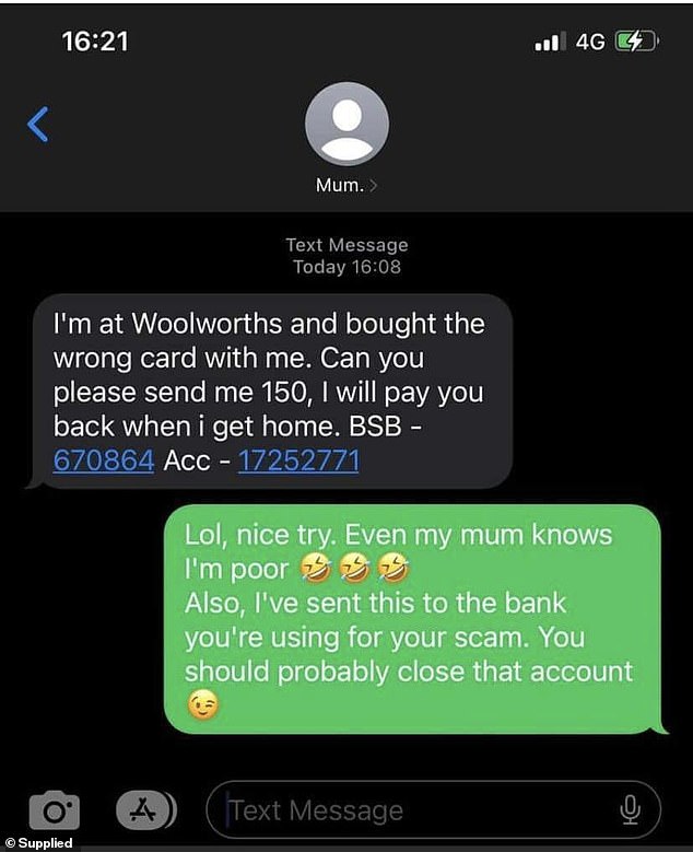 Image of a fraudulent text message shared on social media of a contact claiming to be the recipient's 'mom' and asking for money