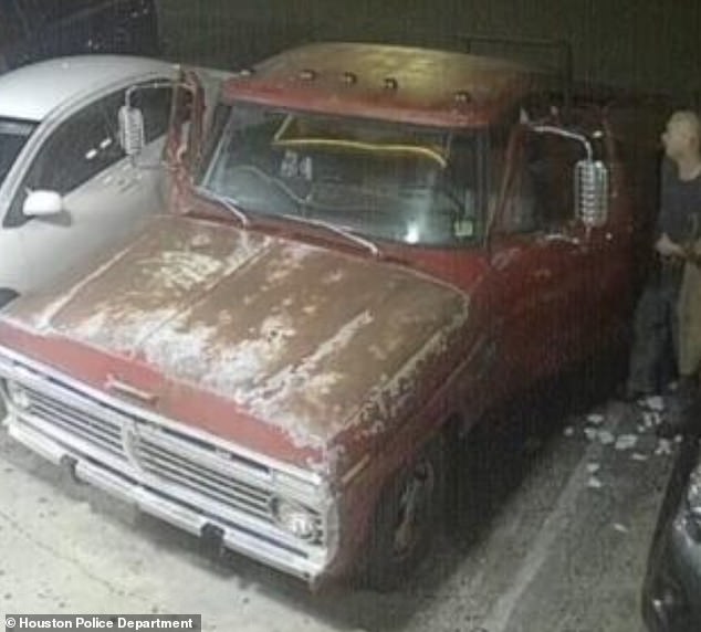 The man's vehicle is a rusty red 1970s or 1980s model pickup truck with no bed.  The cops hope this will lead them to the man they want to talk to.