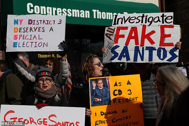 Just hours after he was sworn in to Congress, Santos' Long Island constituents took to the streets of Queens to once again demand that he resign from office.  They yelled: 'Lock him up' after it was revealed that he lied on his resume