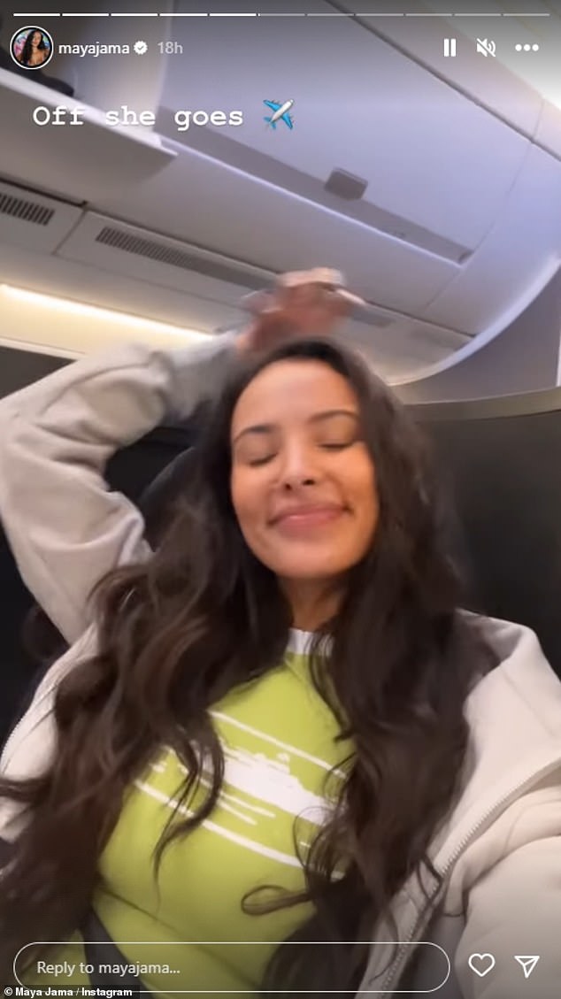 Excited: The 28-year-old TV presenter took to her Instagram Stories to film herself on the plane on the way to the sunny spot