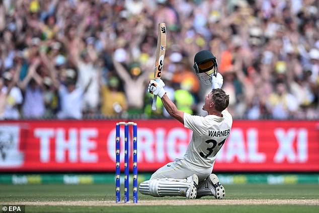 Warner celebrates a majestic double ton during day two of the Boxing Day Test