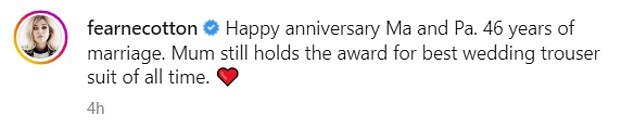 Tribute: In his caption, Fearne wrote: 'Happy Anniversary Ma and Pa. 46 years of marriage.  Mom still has the award for best wedding pantsuit of all time.