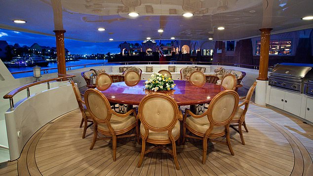 The ship has a state-of-the-art movie theater, a beauty salon, a bar, a Jacuzzi on the deck, a gym, and two dinghies.