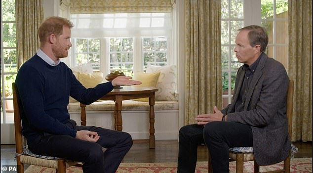 The Duke of Sussex (left) during an interview with ITV's Tom Bradby in California, USA, for Harry: The Interview.