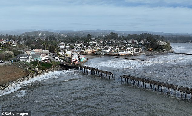 Damage is visible to the Capitola Pier after a powerful winter storm with part of the pier appearing to have broken