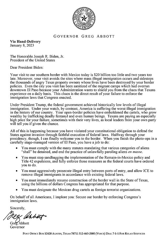 Governor Abbott delivered this letter to Biden at the El Paso airport, ensuring a frosty welcome to Texas on Sunday as the president made his first border visit since taking office.