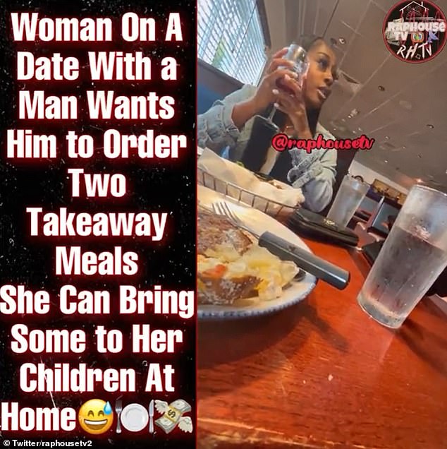 The man tells the woman that he owes her for being late, but he won't pay for the extra meals while she continues to try to order.