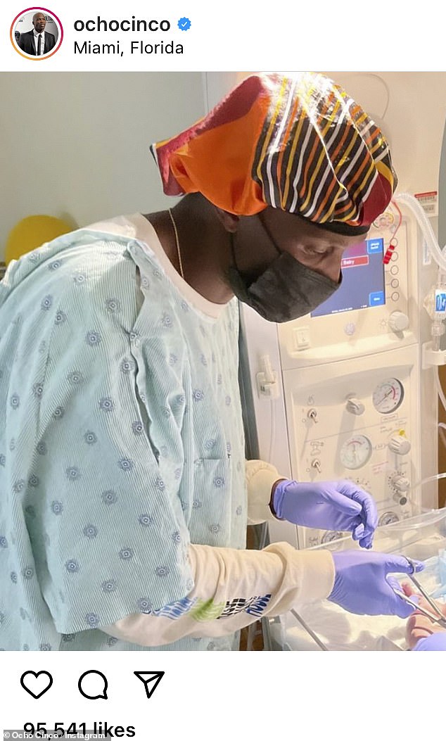 Cut the chord: Chad 'Ochoci welcomed their first child together, daughter Serenity.  The NFL alumnus took to Instagram Sunday with an image of himself cutting the boy's umbilical cord at a daycare in Miami.