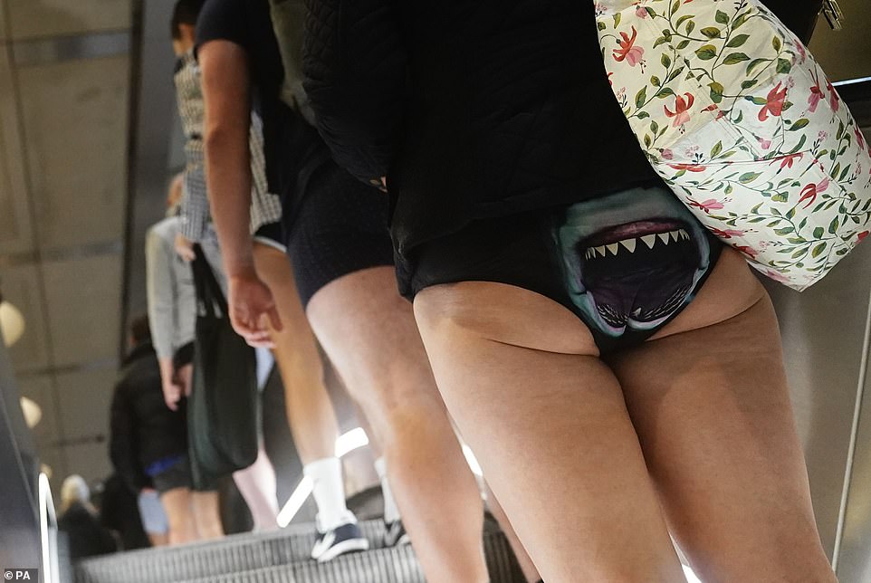 A passenger perhaps gave a subliminal message to his pantsless fellow passengers, wearing these sharkmouth pants.