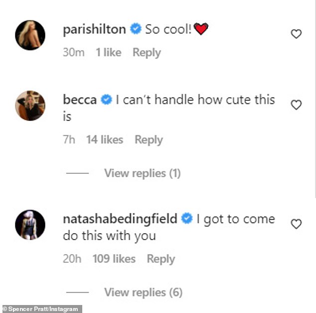 'Very cool!'  The brother-turned-hippie's father-son Instagram post received glowing comments from The Simple Life alum Paris Hilton, Glee alum Becca Tobin and Grammy-nominated singer Natasha Bedingfield.