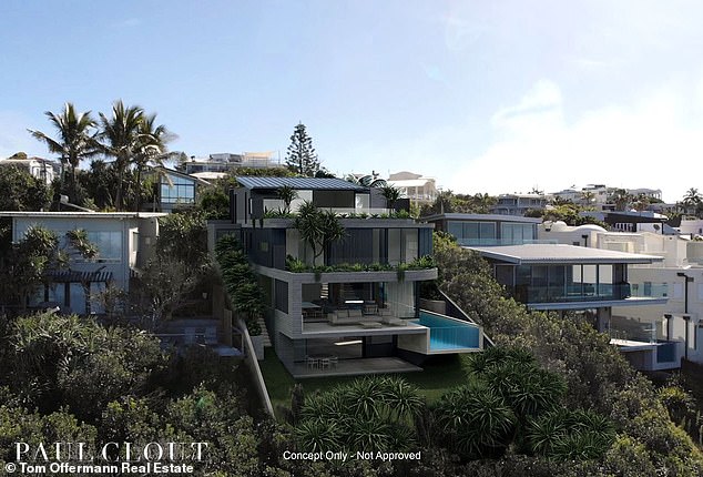 The Sunshine Coast block is being marketed using concept plans for a four-story beachside mansion.