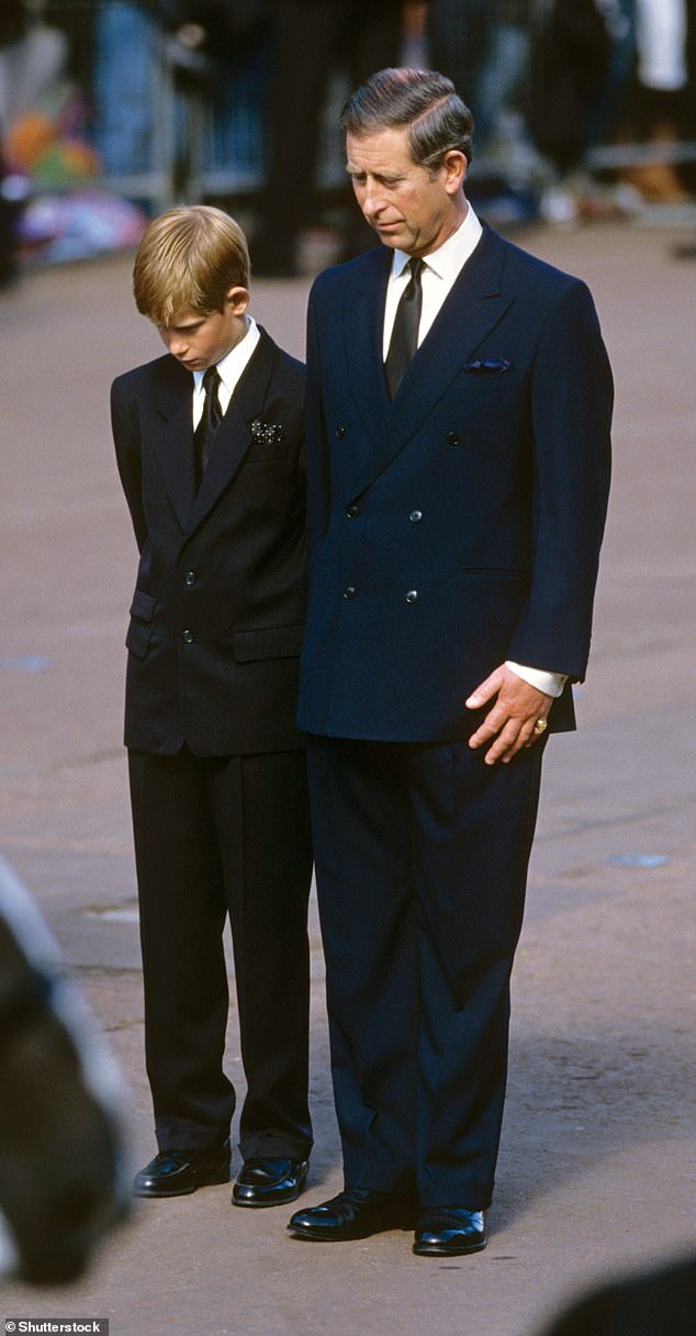 Harry (seen at her funeral) was just 12 years old when Diana was killed in a car accident.