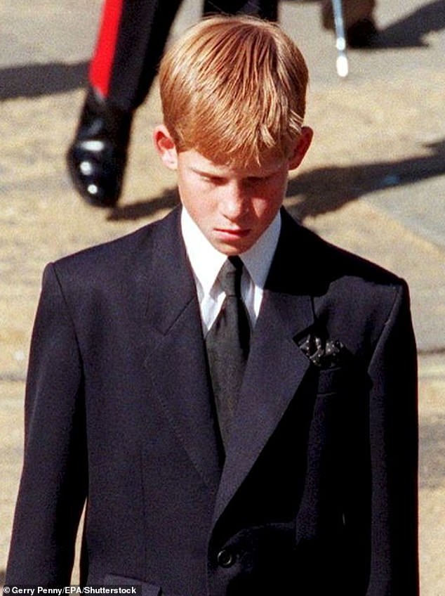 Harry (pictured at Diana's funeral) says he only cried once over his mother's death: at her funeral.